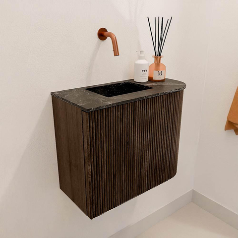 Mondiaz JOYA-DLUX 51.6cm toiletmeubel - ronding rechts kleur Walnut - Wastafel FAYE positie Links Zonder kraangat kleur Lava. SW1422465