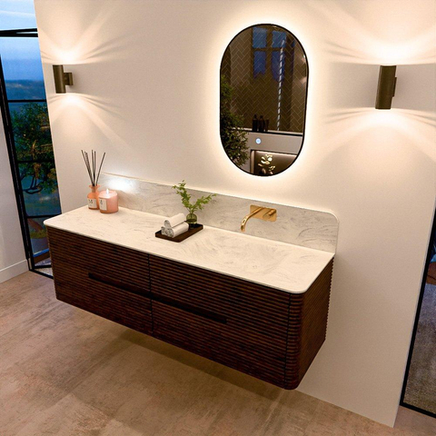 Mondiaz CIRO-DLUX Meuble de salle de bains ensemble - 160x45x50cm - plan vasque Solid surface Opalo - 1 lavabo à droite - sans trous de robinetterie - 4 tiroirs - Noyer SW1530333