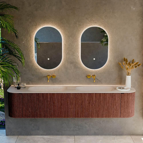 MONDIAZ KURVE-DLUX Meuble de salle de bains 200cm arrondi Gauche + Droite couleur Ruby avec 2 tiroirs et 2 portes. Plan-vasque STOR SMALL Double sans trou de robinet Meli. SW1432022