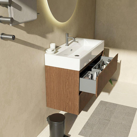 Saniclass Holz Atelier Ensemble meuble de salle de bains - 100x45x72cm - lavabo Legend en céramique blanc - 1 vasque - 1 trou de robinetterie - 2 tiroirs - noyer pur mat (bois) SW1478492