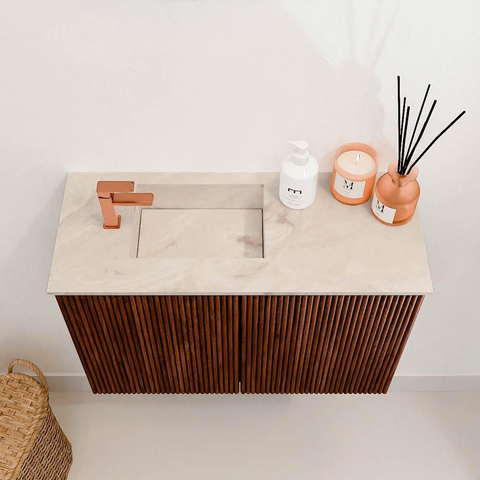 Mondiaz JOYA-DLUX 60cm toiletmeubel - kleur Ruby - Wastafel FAYE positie Links 1 kraangat kleur Frappe. SW1423452