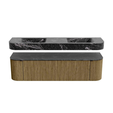 MONDIAZ THOR-DLUX 170cm meuble de salle de bains arrondi gauche + droite couleur Dusk avec 1 tiroir et 2 portes. Vasque suspendue CLOUD Double sans trou de robinet couleur Lava. SW1467688