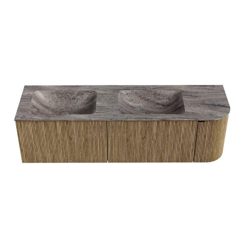 MONDIAZ KURVE-DLUX Meuble de salle de bains 155cm arrondi à droite couleur Dusk avec 2 tiroirs et 1 porte. Lavabo LEAF Double / Gauche 2 trous de robinet Oza. SW1433024