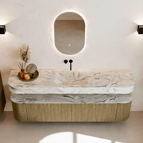 MONDIAZ THOR-DLUX Meuble de salle de bains 190cm arrondi gauche + droite couleur Dusk avec 2 tiroirs et 2 portes. Vasque suspendue CLOUD Milieu sans trou de robinet couleur Glace. SW1466443
