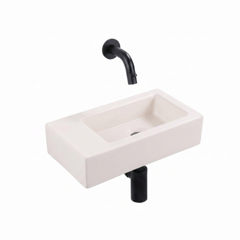 QeramiQ Fuente Fontein - 38x18.5x9cm - keramiek - zonder fonteinkraangat - fonteinkraan mat zwart - verlaagd sifon - afvoerplug - linnen SW1582115