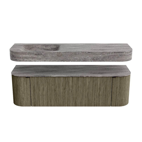 MONDIAZ THOR-DLUX 150cm badmeubel ronding links + rechts kleur Shadow met 1 lade en 2 deuren. Vrijhangende wastafel CLOUD Links 1 kraangat kleur Oza. SW1464658