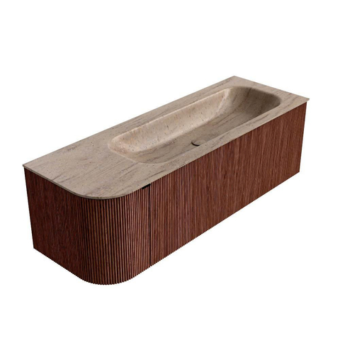 MONDIAZ KURVE-DLUX Meuble de salle de bains 135 cm arrondi à gauche couleur Ruby avec 1 tiroir et 1 porte. Plan vasque BIG MEDIUM à droite sans trou de robinet Saba. SW1433469