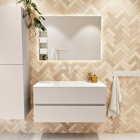 MONDIAZ VICA Badkamermeubelset - 100cm - onderkast linen- 2 lades - wastafel cloud midden - zonder kraangaten - 60cm hoge versie - talc OUTLETSTORE STORE44906