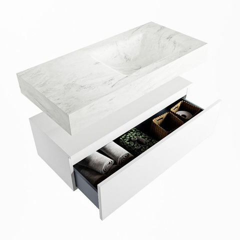Mondiaz ALAN-DLUX Ensemble de meuble - 100cm - meuble Talc mat - 1 tiroir - Lavabo Cloud Opalo suspendu - vasque Droite - 0 trous de robinet SW806239