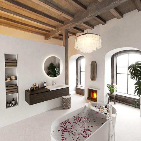 MONDIAZ BUKLA meuble de salle de bains 140 cm avec module 60 couleur Dark Brown avec 2 tiroirs. Lavabo CLOUD à droite 1 trou de robinet couleur Talc. SW1381992