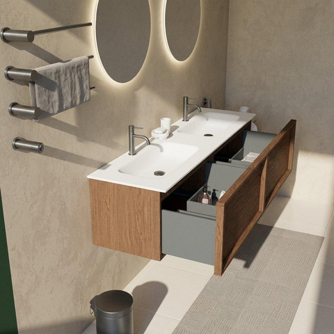 Saniclass Holz Frame Ensemble de meubles de salle de bains - 160x45x41.5cm - lavabo Flow en solid surface blanc - 2 vasques - 2 trous de robinetterie - 2 tiroirs - mat walnut pure (bois) SW1478462