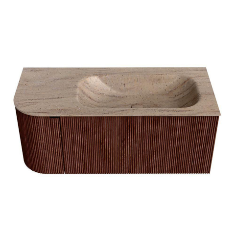 MONDIAZ KURVE-DLUX meuble de salle de bains 105cm arrondi à gauche couleur Ruby avec 1 tiroir et 1 porte. Lavabo BIG SMALL à droite sans trou de robinet Saba. SW1433453