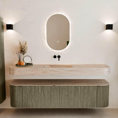 MONDIAZ THOR-DLUX 180cm meuble de salle de bains arrondi gauche + droite couleur Shadow avec 2 tiroirs et 2 portes. Vasque suspendue CLOUD Milieu sans trou de robinet couleur Saba. SW1466264