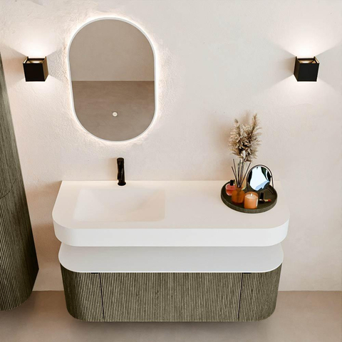MONDIAZ THOR Meuble de salle de bains 130cm arrondi gauche + droite couleur Shadow avec 1 tiroir et 2 portes. Vasque suspendue CLOUD Gauche 1 trou de robinet couleur Talc. SW1463701