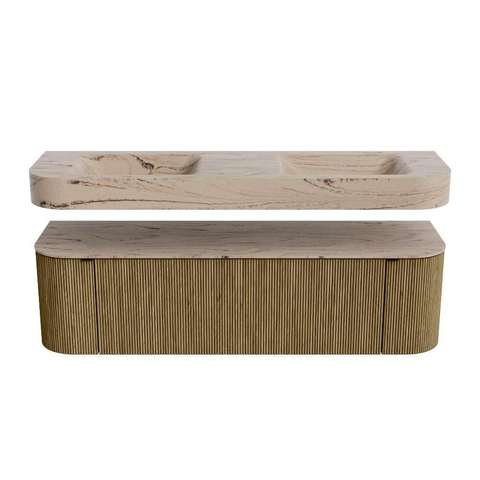 MONDIAZ THOR-DLUX 160cm meuble de salle de bains arrondi gauche + droite couleur Dusk avec 1 tiroir et 2 portes. Vasque suspendue CLOUD Double sans trou de robinet couleur Arena. SW1465119