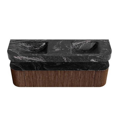 MONDIAZ THOR-DLUX 170cm meuble de salle de bains arrondi gauche + droite couleur Walnut avec 1 tiroir et 2 portes. Vasque suspendue CLOUD Double sans trou de robinet couleur Lava. SW1465595