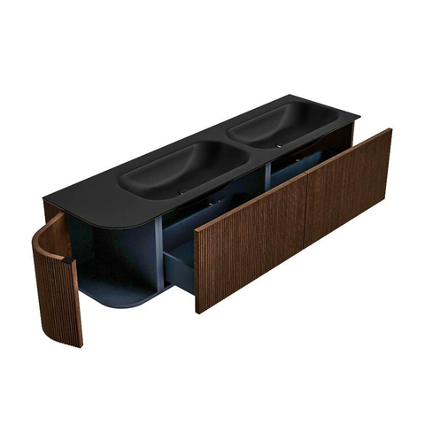 MONDIAZ KURVE Meuble de salle de bains 165 cm avec module 25 L couleur Walnut avec 2 tiroirs et 1 porte. Lavabo BIG SMALL double / droit 2 trous de robinet Urban. SW1138553