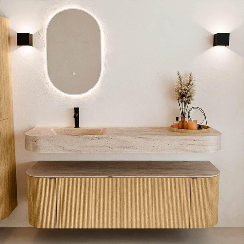 MONDIAZ THOR-DLUX 150cm badmeubel ronding links + rechts kleur Oak met 1 lade en 2 deuren. Vrijhangende wastafel CLOUD Links 1 kraangat kleur Saba. SW1464849