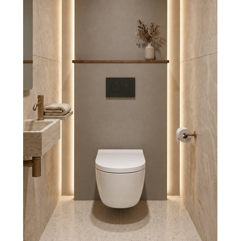 QeramiQ Dely Swirl Ensemble WC- 36.3x51.7cm - Réservoir encastré Geberit UP320 - Abattant 35mm - Plaque de commande en noir mat - Boutons ronds - Blanc brillant SW1138661