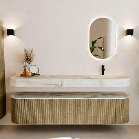 MONDIAZ THOR-DLUX 190cm meuble de salle de bains arrondi gauche + droite couleur Dusk avec 2 tiroirs et 2 portes. Vasque suspendue CLOUD Droite 1 trou de robinet couleur Frappe. SW1466452