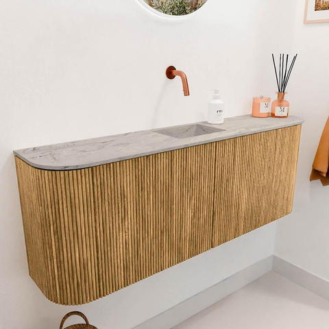 Mondiaz JOYA-DLUX 113.2cm meuble de salle de bains - arrondi gauche et droite couleur Chêne - Vasque FAYE position Milieu Sans trou de robinet couleur Glace. SW1422000