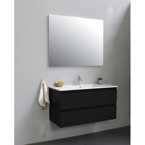 Basic Bella Meuble salle de bains avec lavabo céramique Blanc avec miroir 100x55x46cm 1 trou de robinet Noir mat SW491871