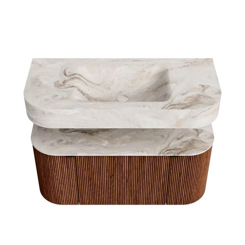 MONDIAZ THOR-DLUX Meuble de salle de bains - 100cm - arrondi gauche + droite - couleur Ruby - 1 tiroir - 2 portes - Vasque suspendue CLOUD Milieu 1 trou de robinet couleur Frappe SW1467364