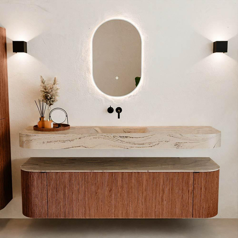 MONDIAZ THOR-DLUX 170cm meuble de salle de bains arrondi gauche + droite couleur Ruby avec 1 tiroir et 2 portes. Vasque suspendue CLOUD Milieu sans trou de robinet couleur Arena. SW1465814