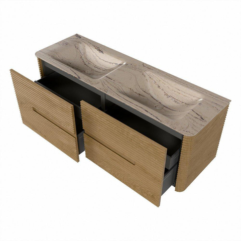 Mondiaz CIRO-DLUX Ensemble de meubles de salle de bains - 140x45x50cm - Plan vasque Solid surface Arena - 2 vasques Double - 2 trous de robinet - 4 tiroirs - Chêne SW1531347