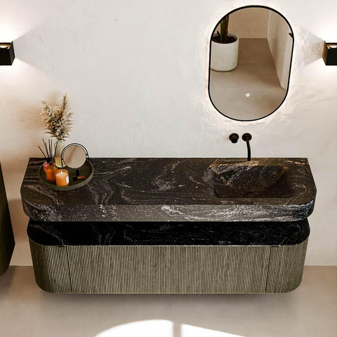 MONDIAZ THOR-DLUX 170cm badmeubel ronding links + rechts kleur Shadow met 1 lade en 2 deuren. Vrijhangende wastafel CLOUD Rechts zonder kraangat kleur Lava. SW1465557