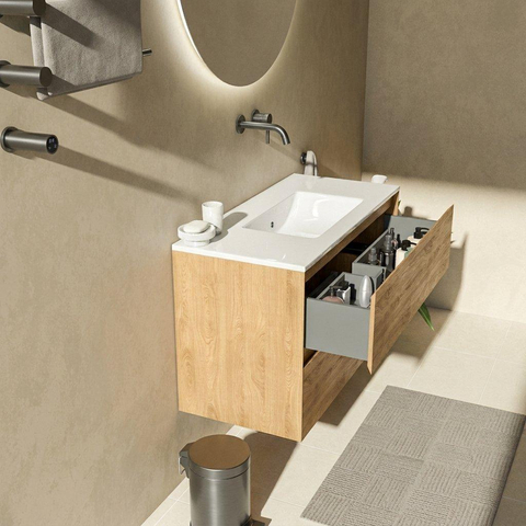 Saniclass Holz Pure Badkamermeubelset - 100x45x62cm - Vygo keramische wastafel wit - 1 wasbak - zonder kraangat - 2 lades - mat eiken natural (hout) SW1437767