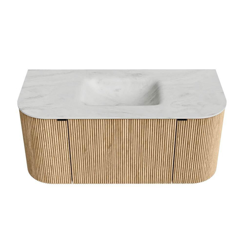 MONDIAZ KURVE-DLUX Meuble de salle de bains 100 cm avec module 25 Len R couleur Chêne avec 1 tiroir et 2 portes. Lavabo GRUNNE central sans trou de robinet couleur Opalo. SW1137487