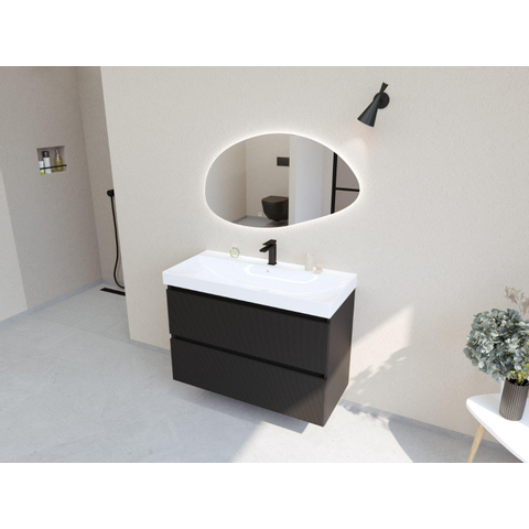 H&R Badmeubelen Infinity XXL 3D Badkamermeubelset - 100 cm - 1 keramische wasbak just wit - 1 kraangat - 2 lades - mat zwart SW863477