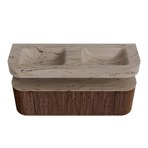 MONDIAZ THOR-DLUX Meuble de salle de bains - 140cm - arrondi gauche + droite - couleur Walnut - 1 tiroir et 2 portes - Vasque suspendue CLOUD Double sans trou de robinet - couleur Arena SW1464354