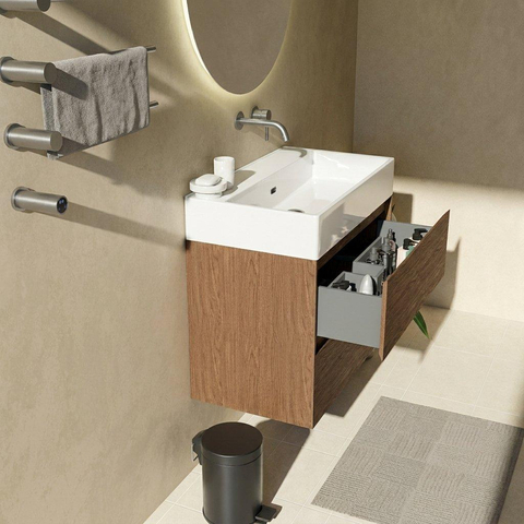 Saniclass Holz Pure Ensemble meuble de salle de bains - 80x45x72cm - lavabo Legend en céramique blanc - 1 vasque - sans trou de robinet - 2 tiroirs - walnut pure mat (bois) SW1478473