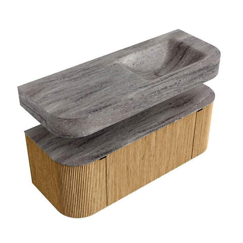 MONDIAZ THOR-DLUX Meuble de salle de bains 120cm arrondi gauche + droite couleur Oak avec 1 tiroir et 2 portes. Vasque suspendue CLOUD Droite 1 trou de robinet couleur Oza. SW1463398