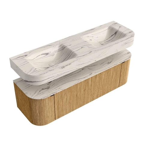 MONDIAZ THOR-DLUX 150cm meuble de salle de bains arrondi gauche + droite couleur Oak avec 1 tiroir et 2 portes. Vasque suspendue CLOUD Double 2 trous de robinet couleur Nata. SW1467675