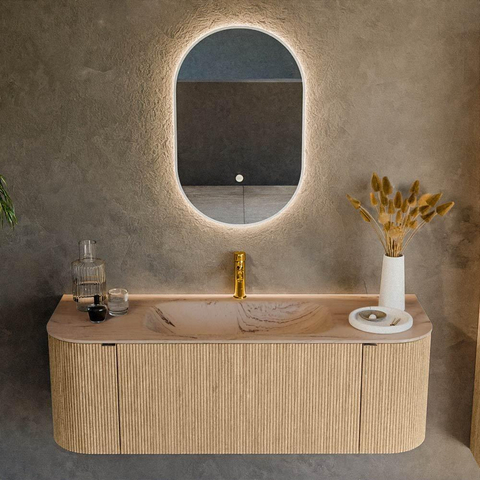 MONDIAZ KURVE-DLUX 130cm badmeubel ronding Links + Rechts kleur Oak met 1 lade en 2 deuren. Wastafel BIG SMALL Midden 1 kraangat Arena. SW1431099