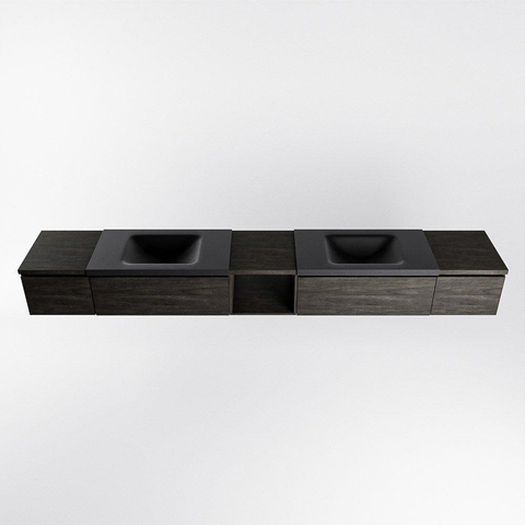 MONDIAZ BUKLA 280cm ensemble de meuble avec module ouvert 40 au milieu couleur Marron Foncé avec 4 tiroirs. Lavabo CLOUD double 2 trous de robinet couleur Urban. SW1382306