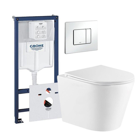 QeramiQ Dely Pack WC avec bâti-support Grohe plaque de commande blanche et WC suspendu avec abattant blanc brillant SW643463