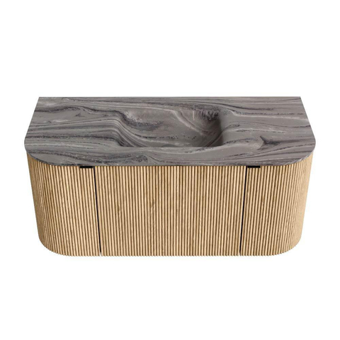 MONDIAZ KURVE-DLUX Meuble de salle de bains 100cm arrondi Gauche + Droite couleur Chêne avec 1 tiroir et 2 portes. Lavabo GRUNNE Central sans trou de robinet Sombra. SW1433530