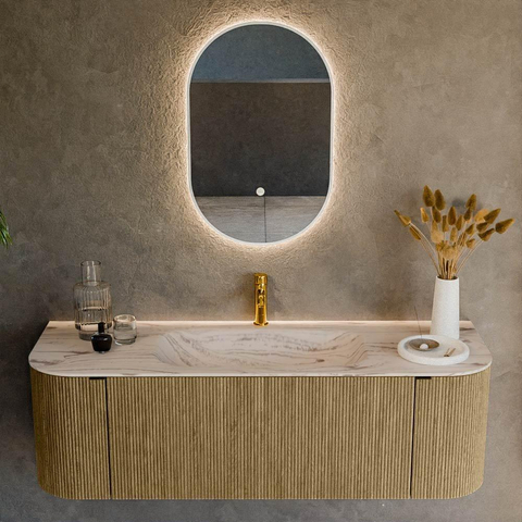 MONDIAZ KURVE-DLUX Meuble de salle de bains 140cm arrondi Gauche + Droite couleur Dusk avec 1 tiroir et 2 portes. Lavabo BIG SMALL Central 1 trou de robinet Nata. SW1432382
