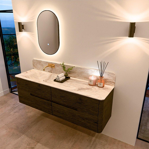Mondiaz CIRO-DLUX Badkamermeubelset - 160x45x50cm - Solid surface wastafel Frappe - 1 wasbak Links - zonder kraangaten - 4 lades - Shadow SW1532181