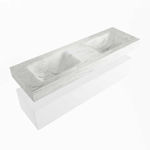 Mondiaz ALAN-DLUX Ensemble de meuble - 150cm - meuble Talc mat - 1 tiroir - Lavabo Cloud Opalo suspendu - vasque Gauche et droite - 0 trous de robinet SW806272