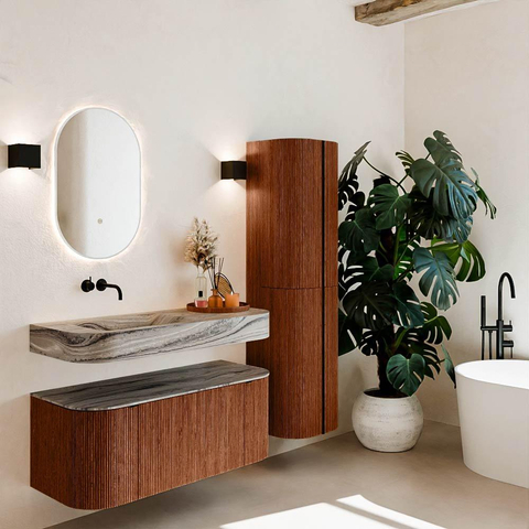 MONDIAZ THOR-DLUX 110cm meuble de salle de bains arrondi gauche + droite couleur Ruby avec 1 tiroir et 2 portes. Vasque suspendue CLOUD gauche sans trou de robinet couleur Sombra. SW1463046
