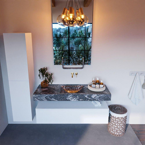 Mondiaz ALAN-DLUX Ensemble de meuble - 130cm - meuble Talc mat - 1 tiroir - Lavabo Cloud Lava suspendu - vasque Centre - 0 trous de robinet SW807652