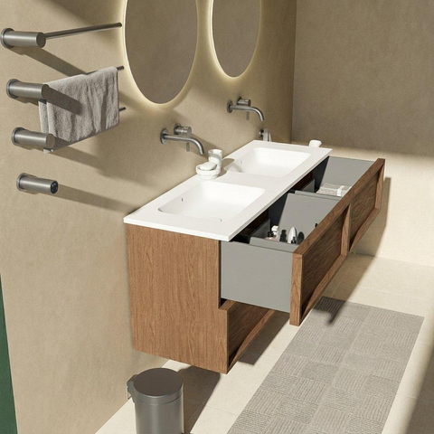 Saniclass Holz Frame Badkamermeubelset - 140x45x77.5cm - Torino solid surface wastafel wit - zonder kraangat - 4 lades - mat walnut pure (hout) SW1579925