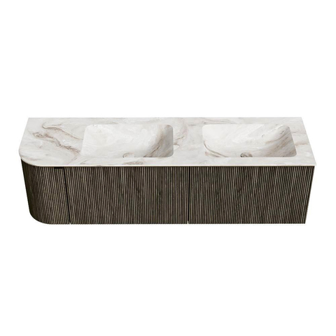 Mondiaz KURVE-DLUX Ensemble de meuble de salle de bains - 155x46x40cm - 2 tiroirs - 1 porte - lavabo solid surface - double / droite - 2 trous de robinet - Shadow SW1414390