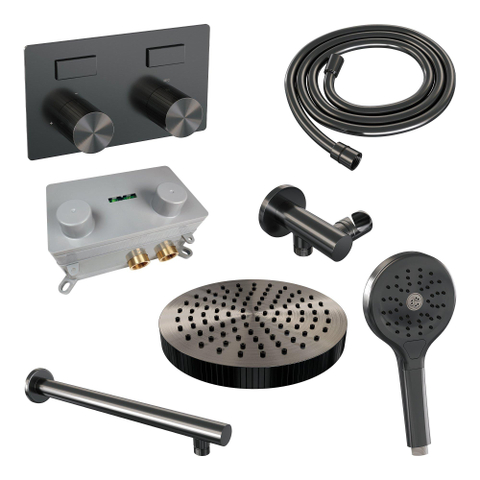 BRAUER Stripe Douche de tête thermostatique encastrée - boutons-poussoirs - pomme de douche 25 cm - bras mural droit - douchette 3 positions - flexible de douche - coude mural - PVD brossé gunmetal SW1435223