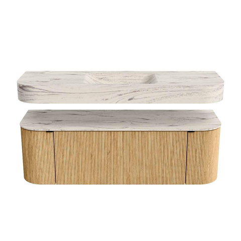 MONDIAZ THOR-DLUX 140cm badmeubel ronding links + rechts kleur Oak met 1 lade en 2 deuren. Vrijhangende wastafel CLOUD Midden zonder kraangat kleur Nata. SW1464432